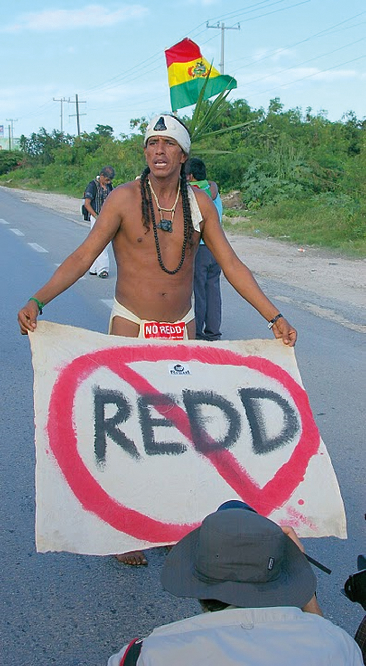 Indigenous activist protesting the REDD market-based forest protection scheme