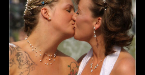 Wedding kiss between two brides (photo: Ben Salter)