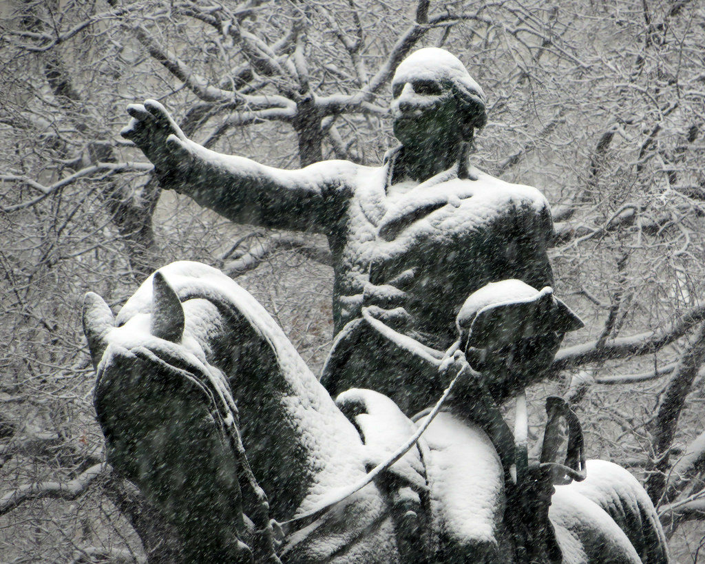 George Washington in snow, Union Square, NYC (cc photo: Jim Naureckas)