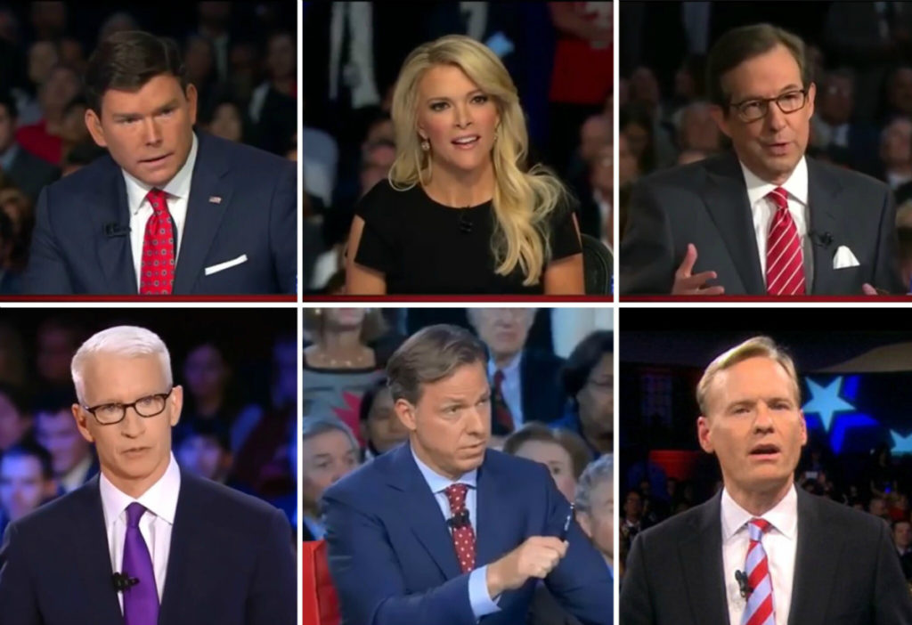 Debate moderators. First row: Bret Baier (Fox), Megyn Kelly (Fox), Chris Wallace (Fox); second row: Anderson Cooper (CNN), Jake Tapper (CNN), John Dickerson (CBS)