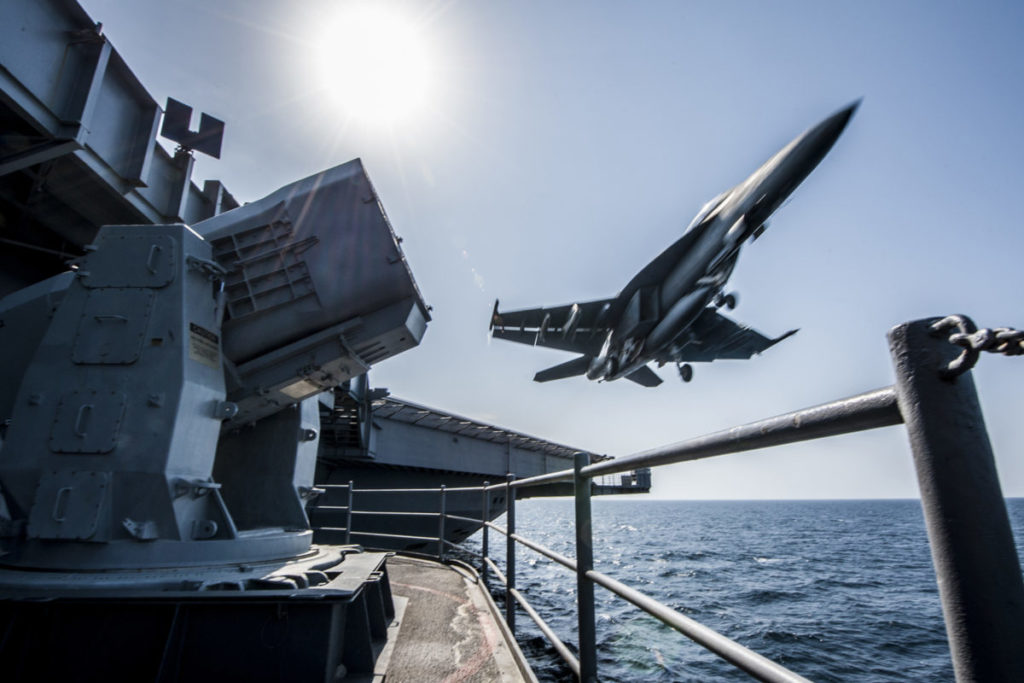 F/A-18 taking off from aircraft carrier (cc photo: Alex King/US Navy)