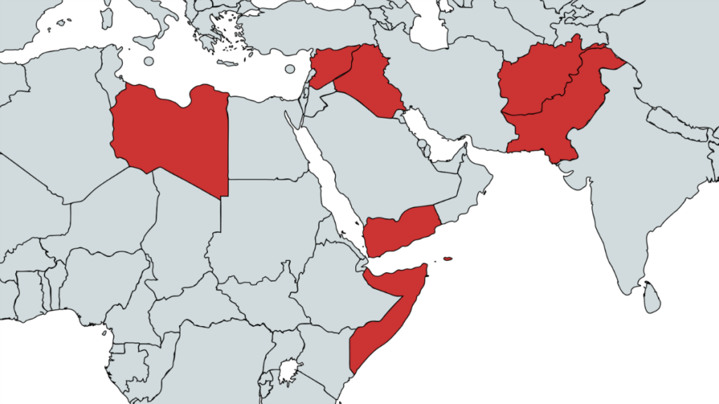 Countries with US warfare over the last 15 years.