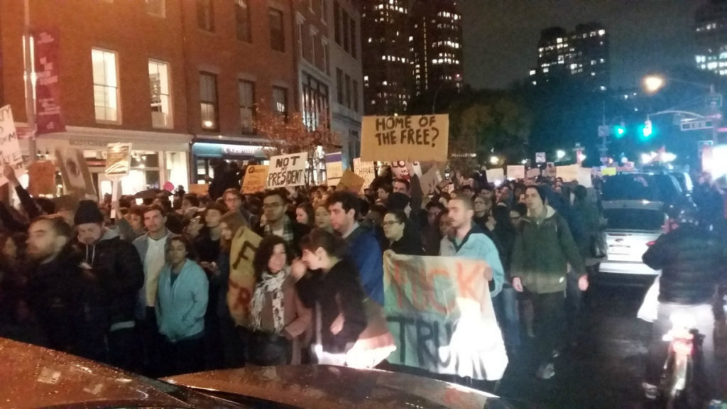 Protesters marching from New York City's Union Square on November 9, 2016. (photo: Jim Naureckas)