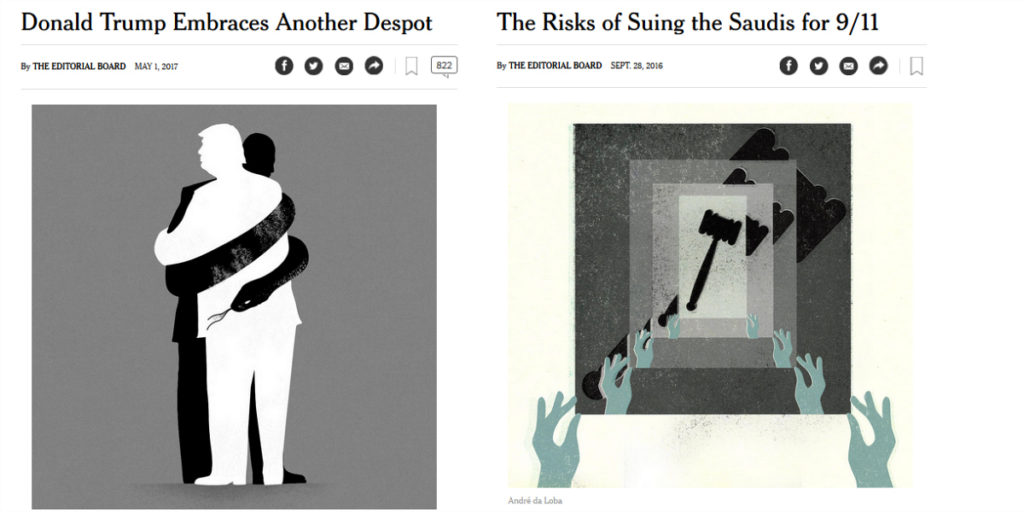 New York Times editorials: Trump Embraces Another Despot, The Risks of Suing the Saudis