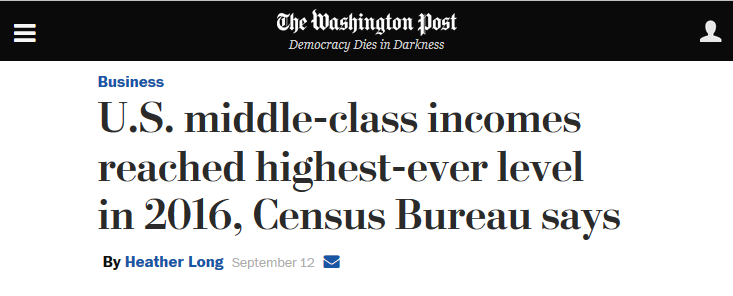 Washington Post: U.S. middle-class incomes reached highest-ever level in 2016, Census Bureau says