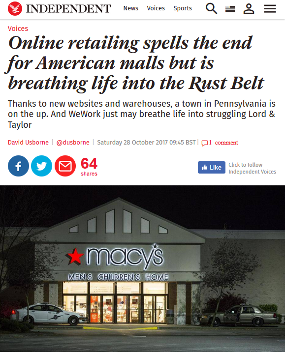 Independent: Online retailing spells the end for American malls but is breathing life into the Rust Belt