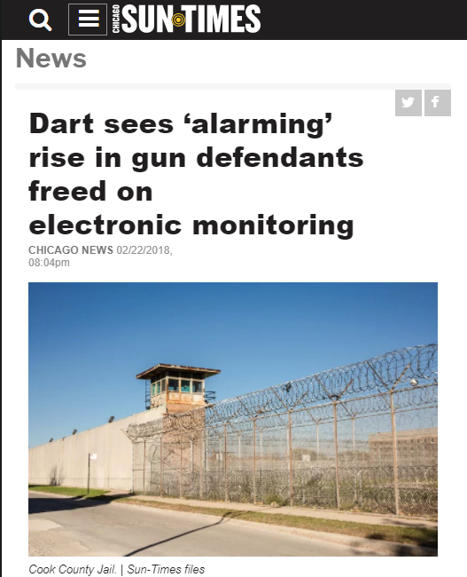 Chicago Sun Times: Dart sees ‘alarming’ rise in gun defendants freed on electronic monitoring