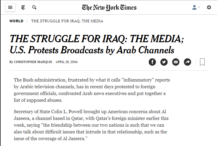 NYT: US Protests Broadcasts by Arab Channels