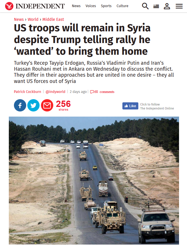 Independent: US troops will remain in Syria despite Trump telling rally he ‘wanted’ to bring them home