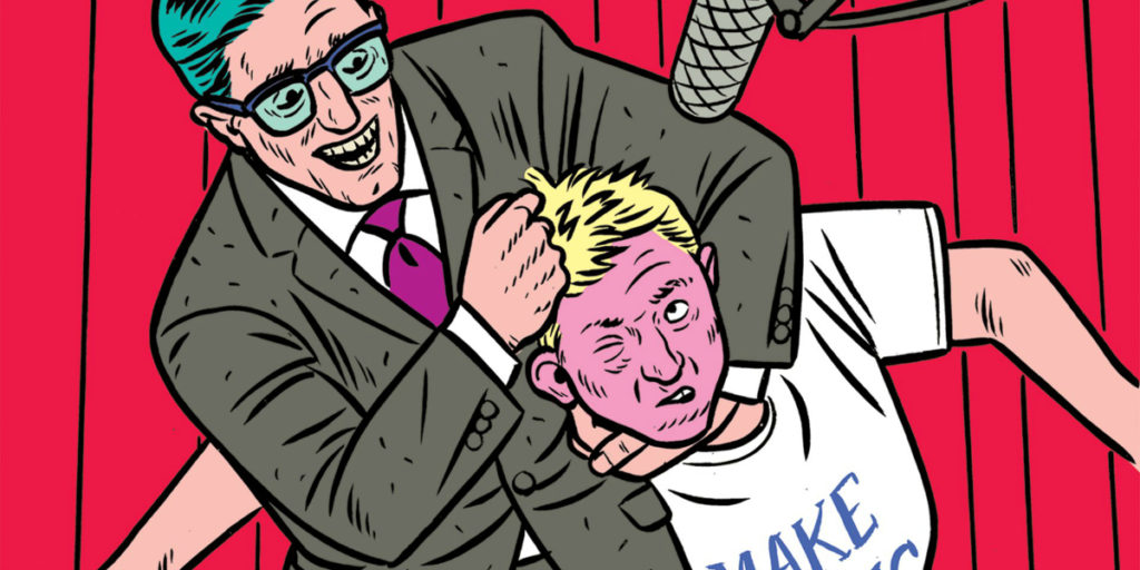 Atlantic illustration of late night comic beating up on Trump supporter (art: Kristian Hammerstad)