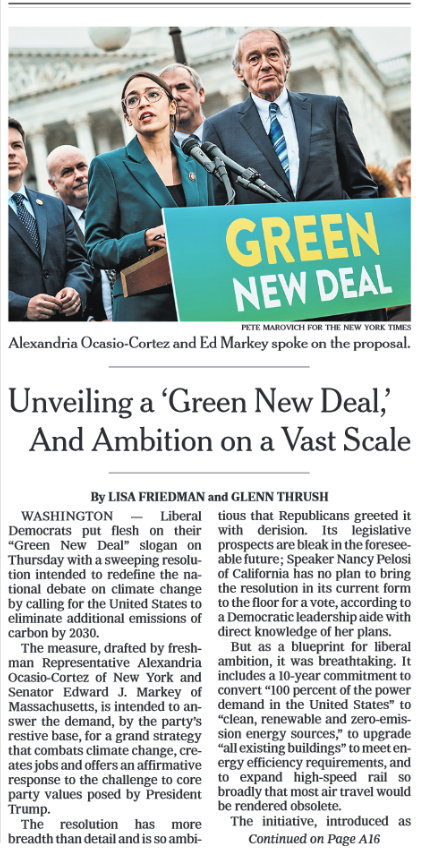 NYT: Unveiling a 'Green New Deal,' and Ambition on a Vast Scale