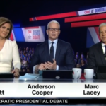 Erin Burnett, Anderson Cooper and Marc Lacey moderating the Ohio Democratic debate
