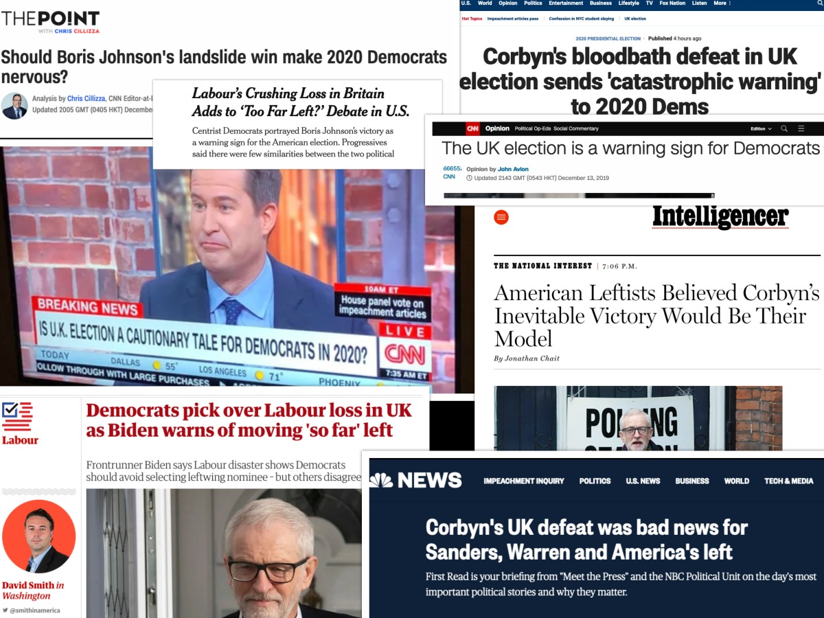 Collage of headlines warning Democrats not to nominate a leftist like Jeremy Corbyn.