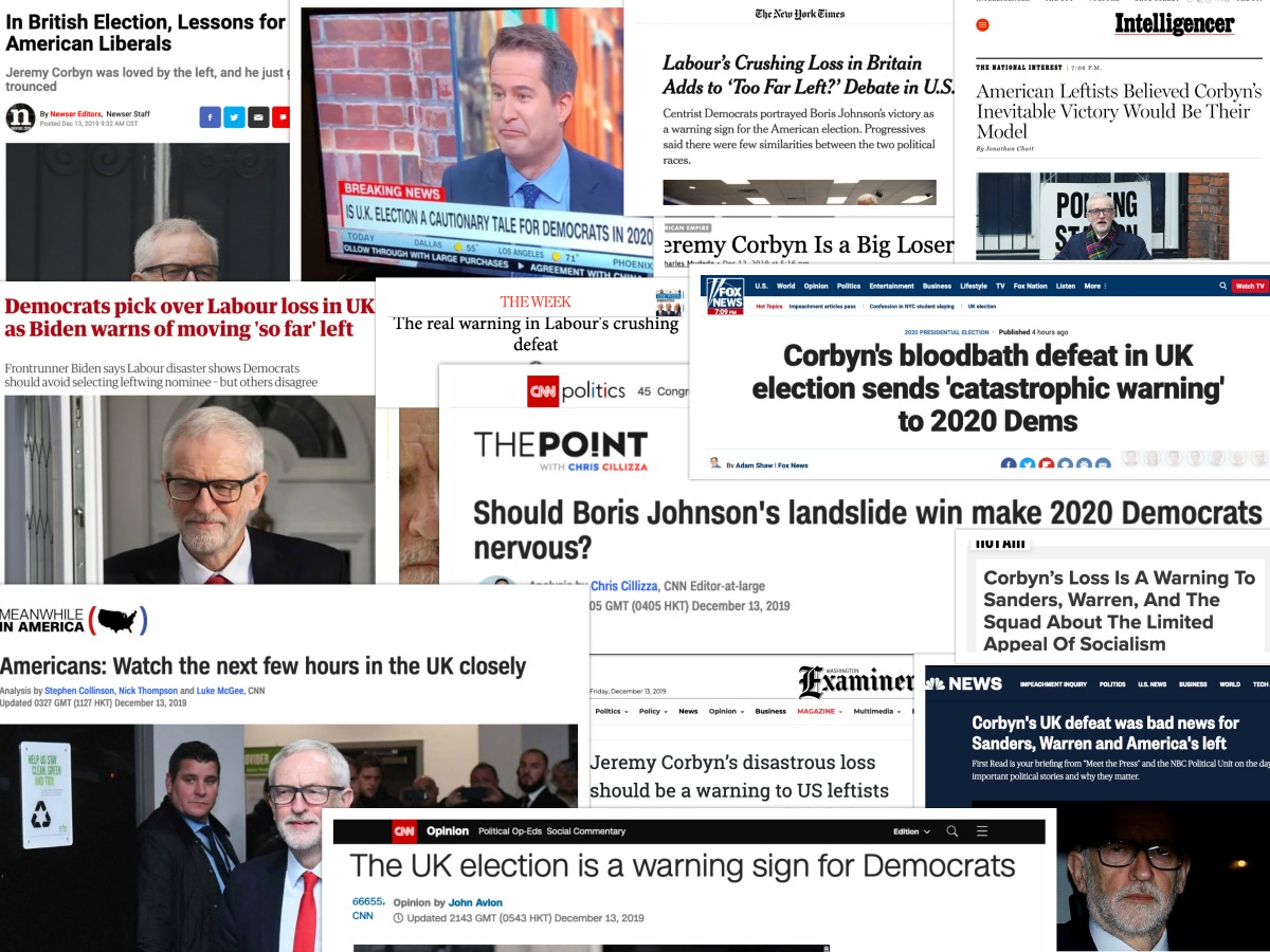 Collage of headlines warning Democrats not to nominate a leftist like Jeremy Corbyn.