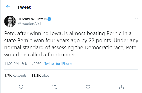 Twitter: Under any normal standard of assessing the Democratic race, Pete would be called a frontrunner.