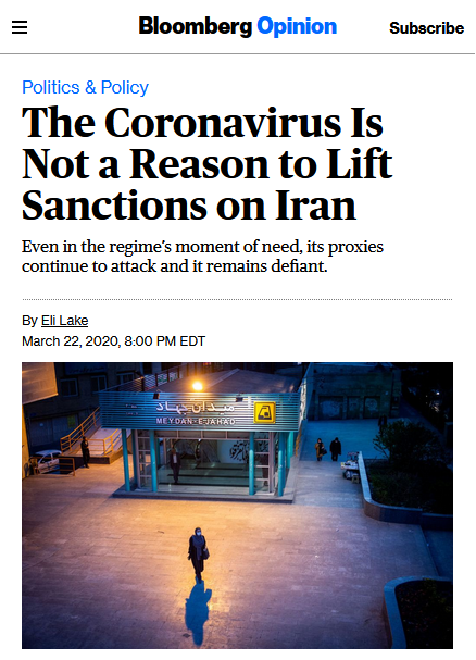 Bloomberg: The Coronavirus Is Not a Reason to Lift Sanctions on Iran