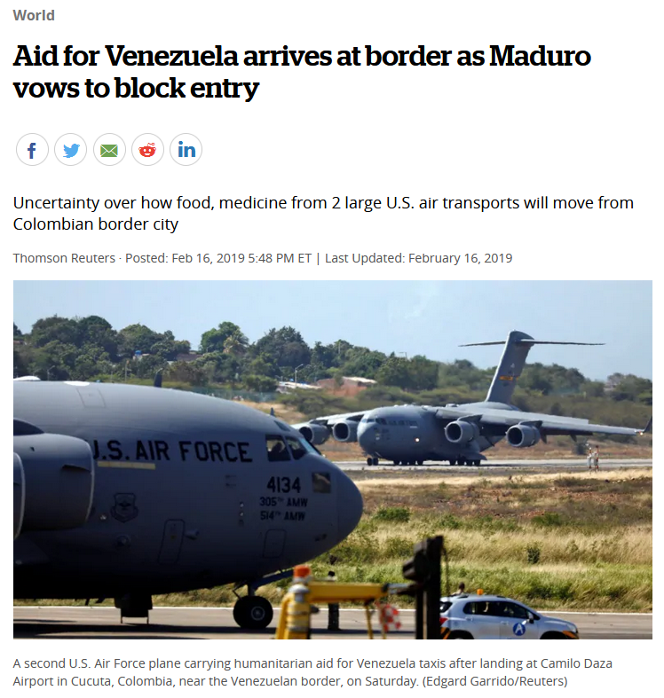 CBC: Aid for Venezuela arrives at border as Maduro vows to block entry