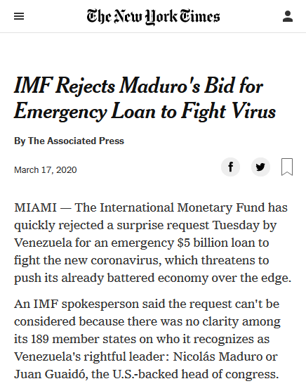 New York Times: IMF Rejects Maduro's Bid for Emergency Loan to Fight Virus