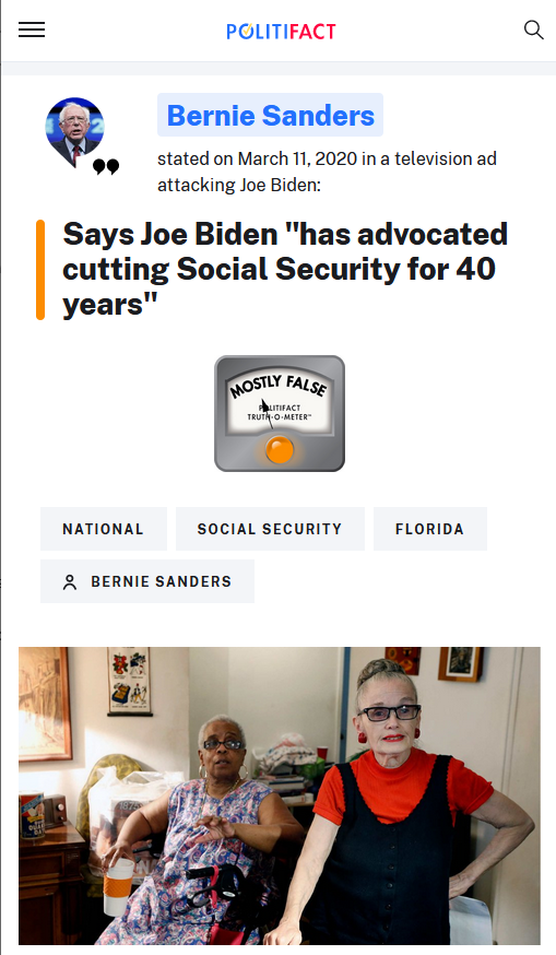 Politifact: Says Joe Biden "has advocated cutting Social Security for 40 years" 