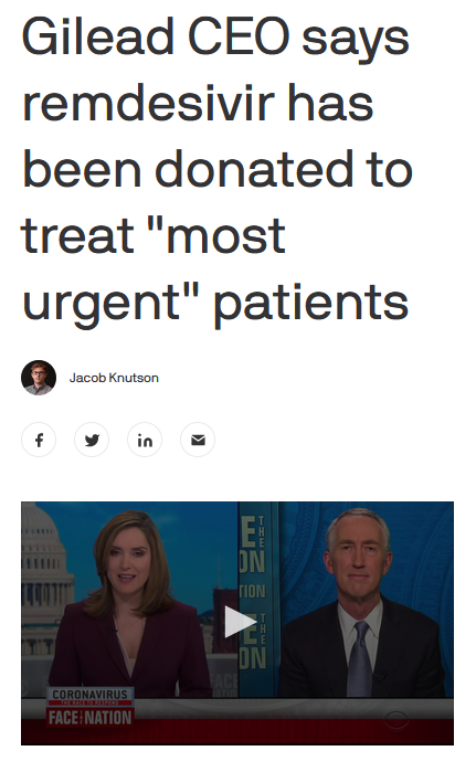 Axios: Gilead CEO says remdesivir has been donated to treat "most urgent" patients
