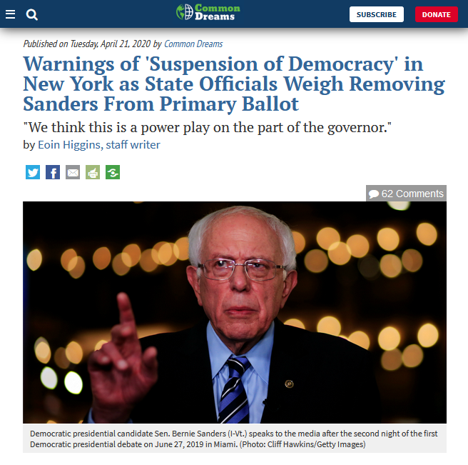 Common Dreams: Warnings of 'Suspension of Democracy' in New York as State Officials Weigh Removing Sanders From Primary Ballot