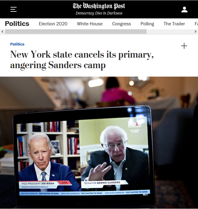 WaPo: New York state cancels its primary, angering Sanders camp