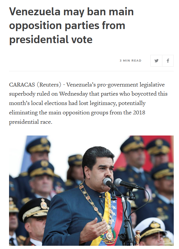 Reuters: Venezuela may ban main opposition parties from presidential vote