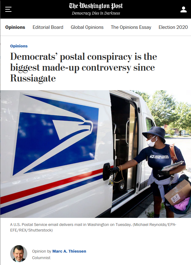 WaPo: Democrats’ postal conspiracy is the biggest made-up controversy since Russiagate