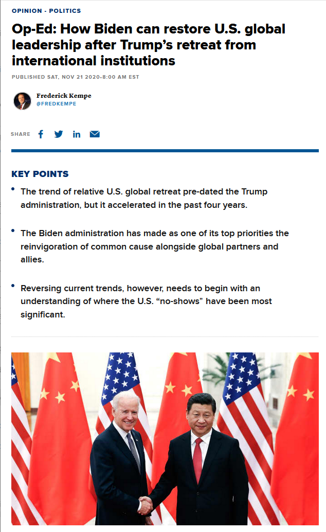 CNBC: How Biden can restore U.S. global leadership after Trump’s retreat from international institutions