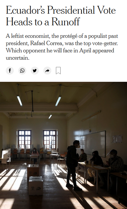 NYT: Ecuador’s Presidential Vote Heads to a Runoff