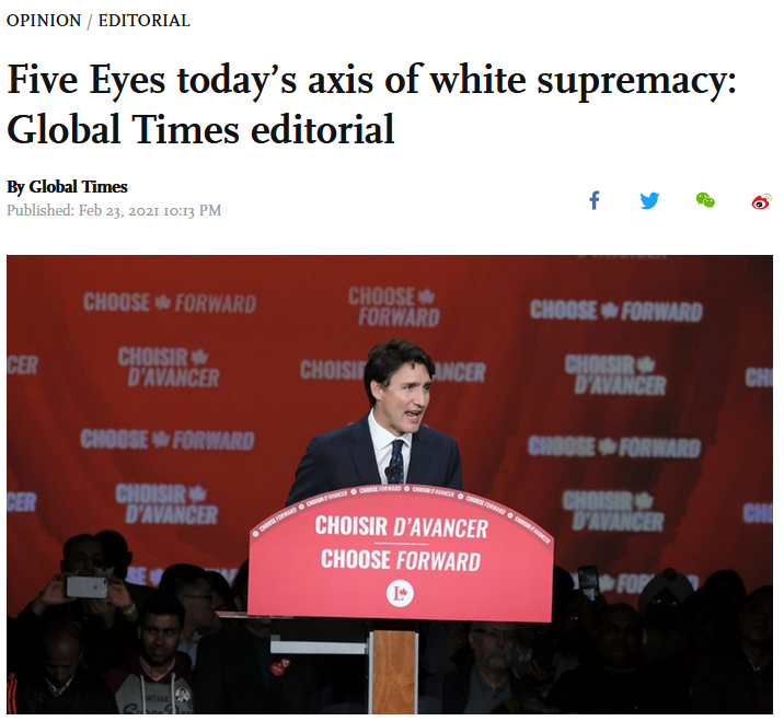 Global Times: Five Eyes today’s axis of white supremacy