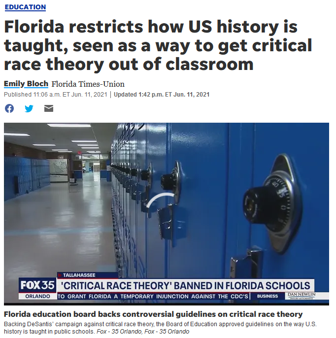 USA Today: Florida restricts how US history is taught, seen as a way to get critical race theory out of classroom