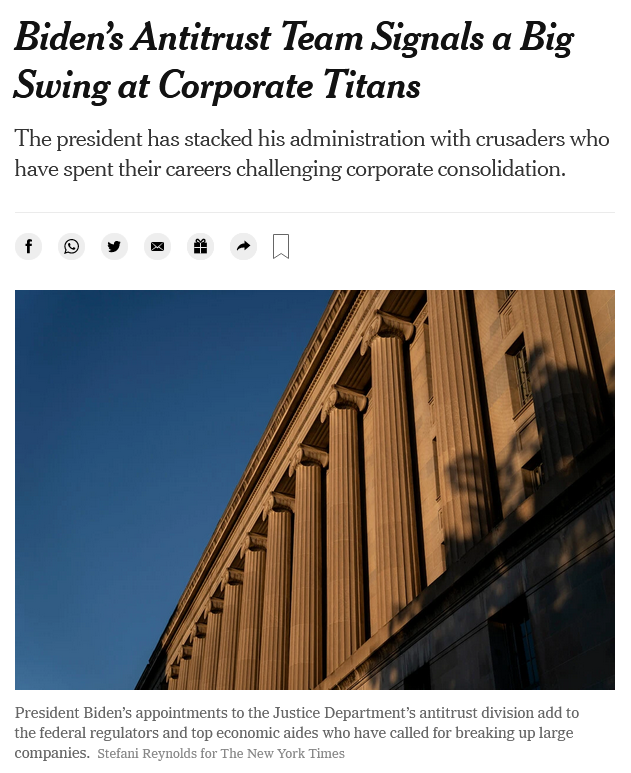 NYT: Biden’s Antitrust Team Signals a Big Swing at Corporate Titans