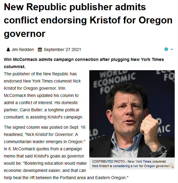 Portland Tribune: New Republic publisher admits conflict endorsing Kristof for Oregon governor