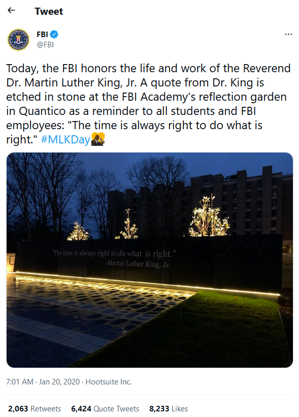 Twitter: Today, the FBI honors the life and work of the Reverend Dr. Martin Luther King, Jr. 