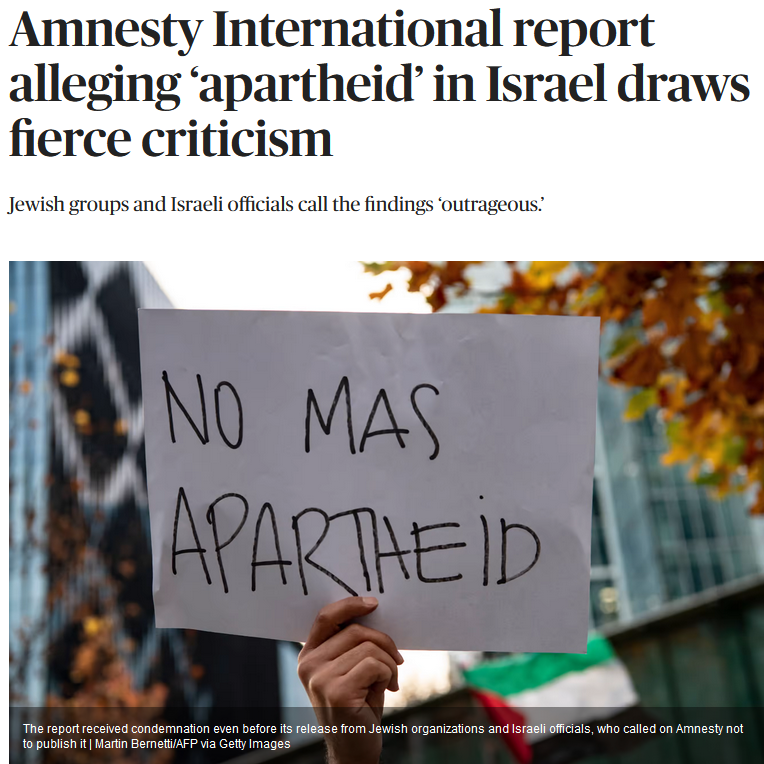 Politico: Amnesty International report alleging ‘apartheid’ in Israel draws fierce criticism 