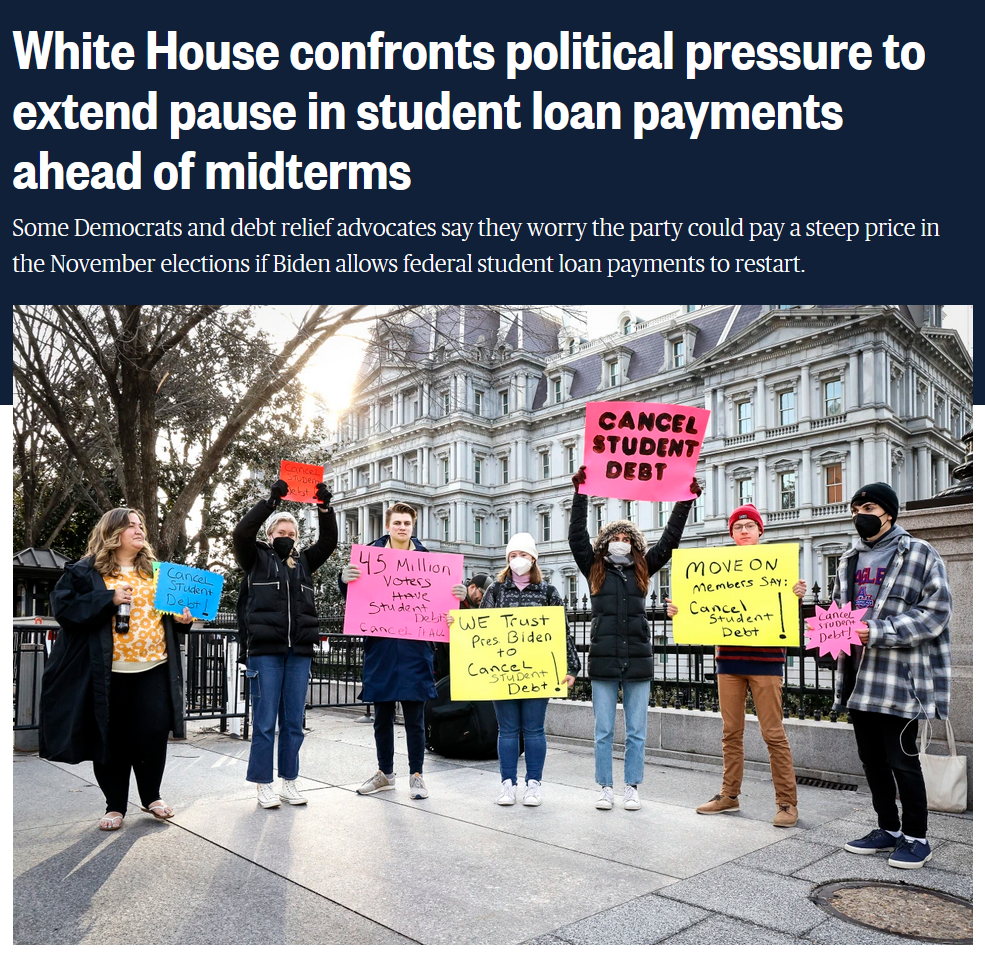 NBC: White House confronts political pressure to extend pause in student loan payments ahead of midterms