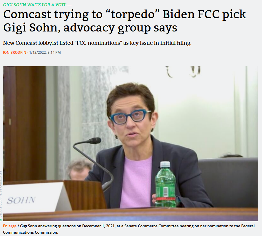 Ars Technica: Comcast trying to “torpedo” Biden FCC pick Gigi Sohn, advocacy group says