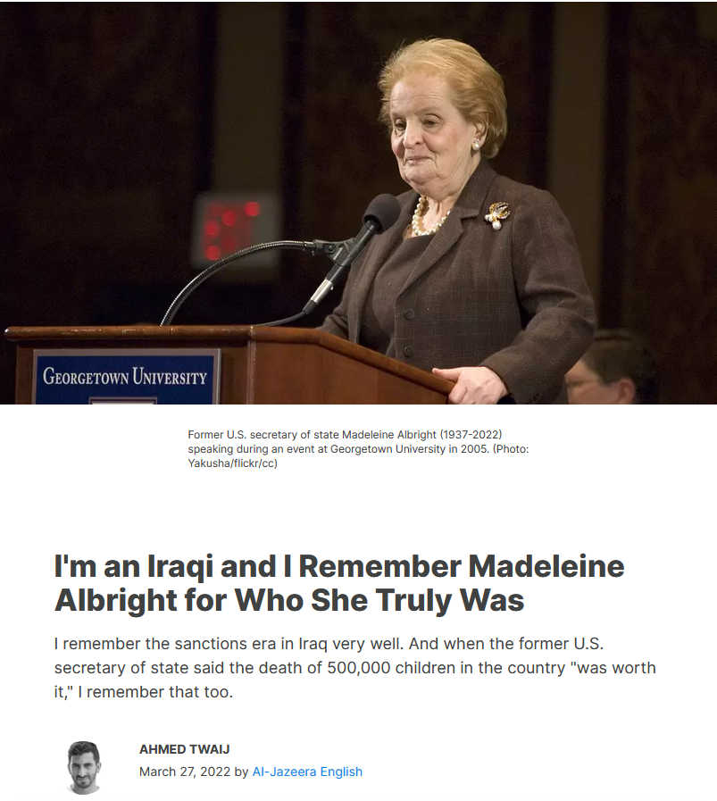 Common Dreams: I'm an Iraqi and I Remember Madeleine Albright for Who She Truly Was