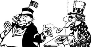 Fat cat pays a pittance in taxes to Uncle Sam in vintage cartoon