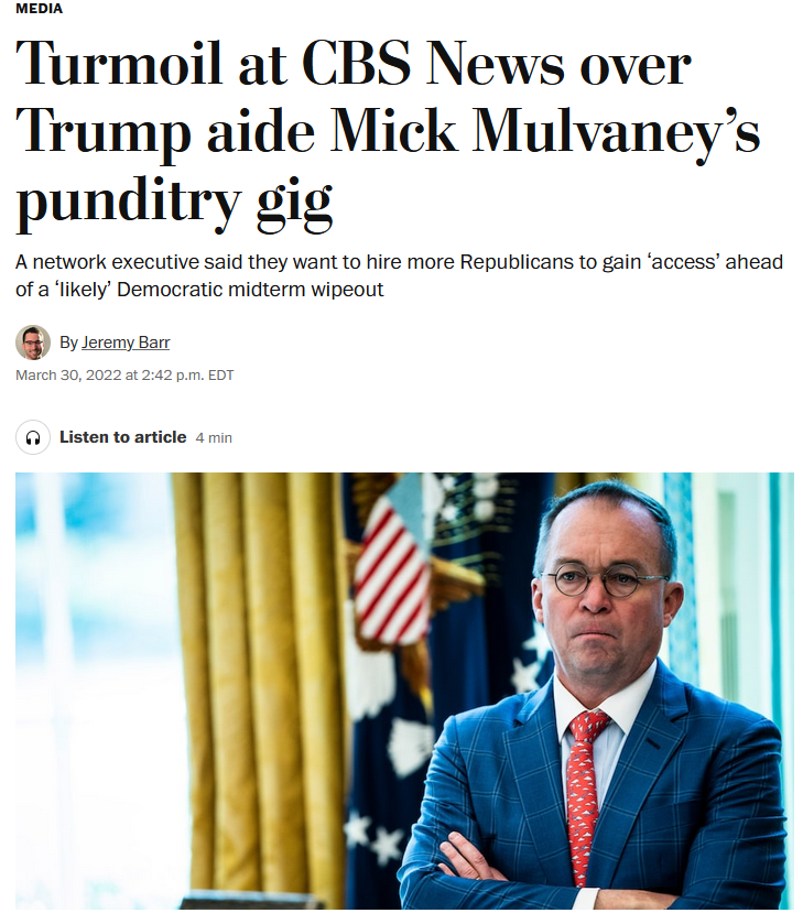 WaPo: Turmoil at CBS News Over Trump Aide Mick Mulvaney's Punditry Gig