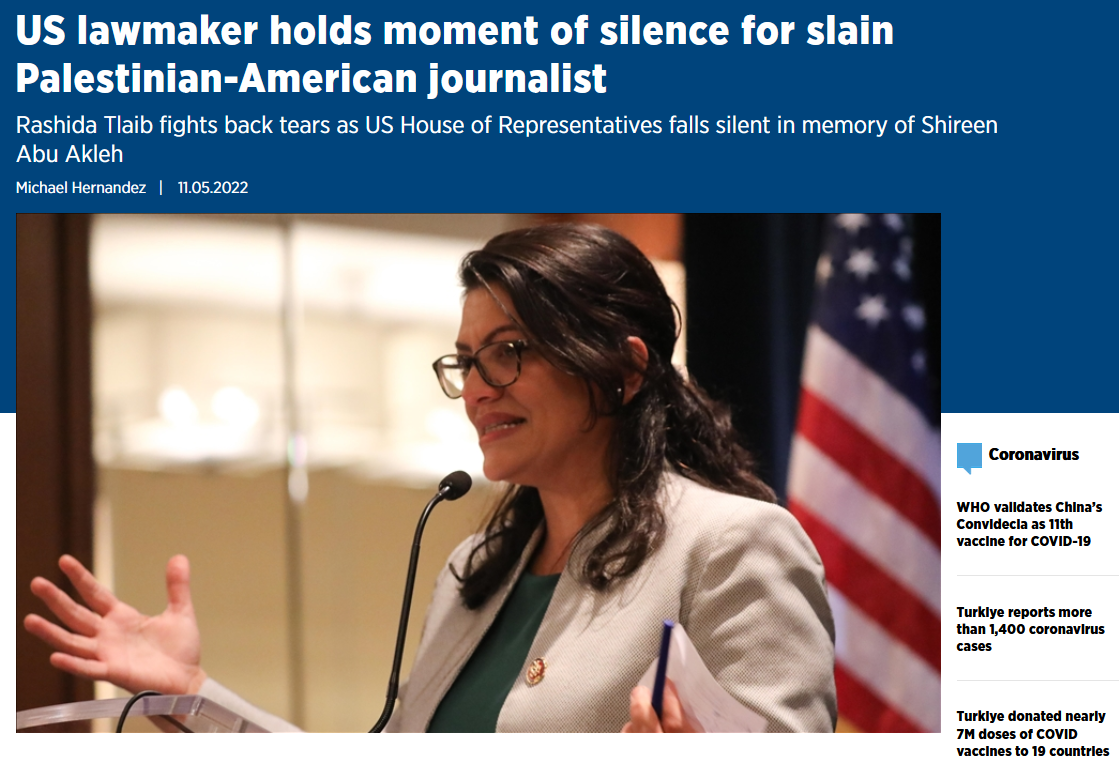 Anadolu Agency: US lawmaker holds moment of silence for slain Palestinian-American journalist