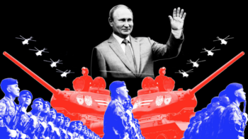 image from the New York Times "We Should Say It: Russia Is Fascist" article, which portrays Putin, military tanks, helicopters and soldiers