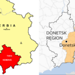 Maps of Kosovo in Serbia and Donbas in Ukraine from Wikipedia and BBC