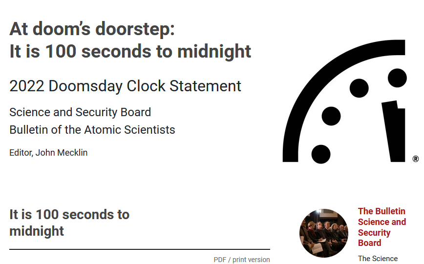 Bulletin of the Atomic Scientists: At doom’s doorstep: It is 100 seconds to midnight