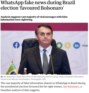 Guardian: WhatsApp fake news during Brazil election 'factored Bolsonaro'