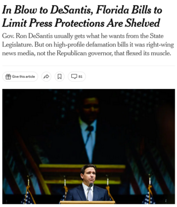 NYT: In Blow to DeSantis, Florida Bills to Limit Press Protections Are Shelved