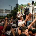 New York Times image of a Venezuelan protest, with half adjusted to a normal exposure.