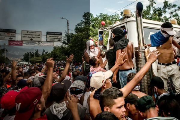 New York Times image of a Venezuelan protest, with half adjusted to a normal exposure.