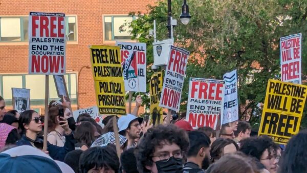 Free Palestine: demonstration in Union Square, Manhattan (photo: Jim Naureckas)